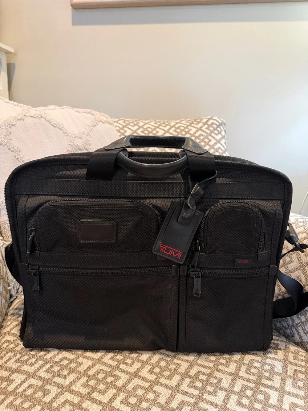 Tumi Black Nylon Briefcase with Dual Front Pockets and Leather Tag